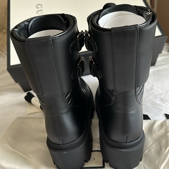 GUCCI Nappa Frances Interlocking GG Black Leather Combat Boots 8 Made in Italy - Picture 8 of 9